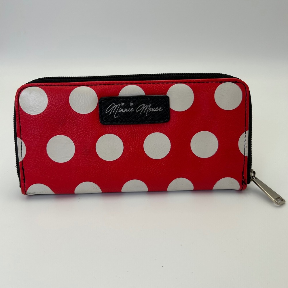 Minnie Mouse Disney Red White Polka Dot Zip Around Wallet with Bow Graphic